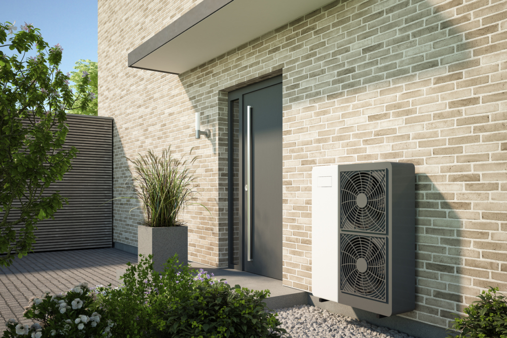 A modern beige brick house exterior with a gray door, a potted plant, and a heat pump unit next to the entrance. The area is attractively landscaped with gravel, greenery, flowers, and features energy-efficient heat pumps.