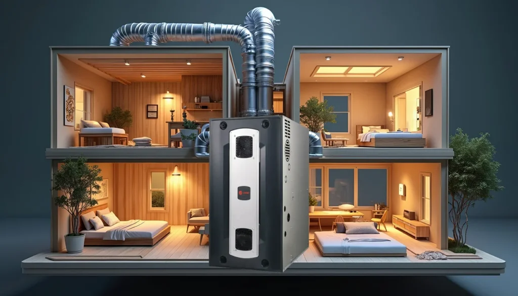 A cutaway model of a modern two-story house shows various furnished rooms, with a large central HVAC unit and ductwork system visibly integrated, illustrating home heating and cooling.
